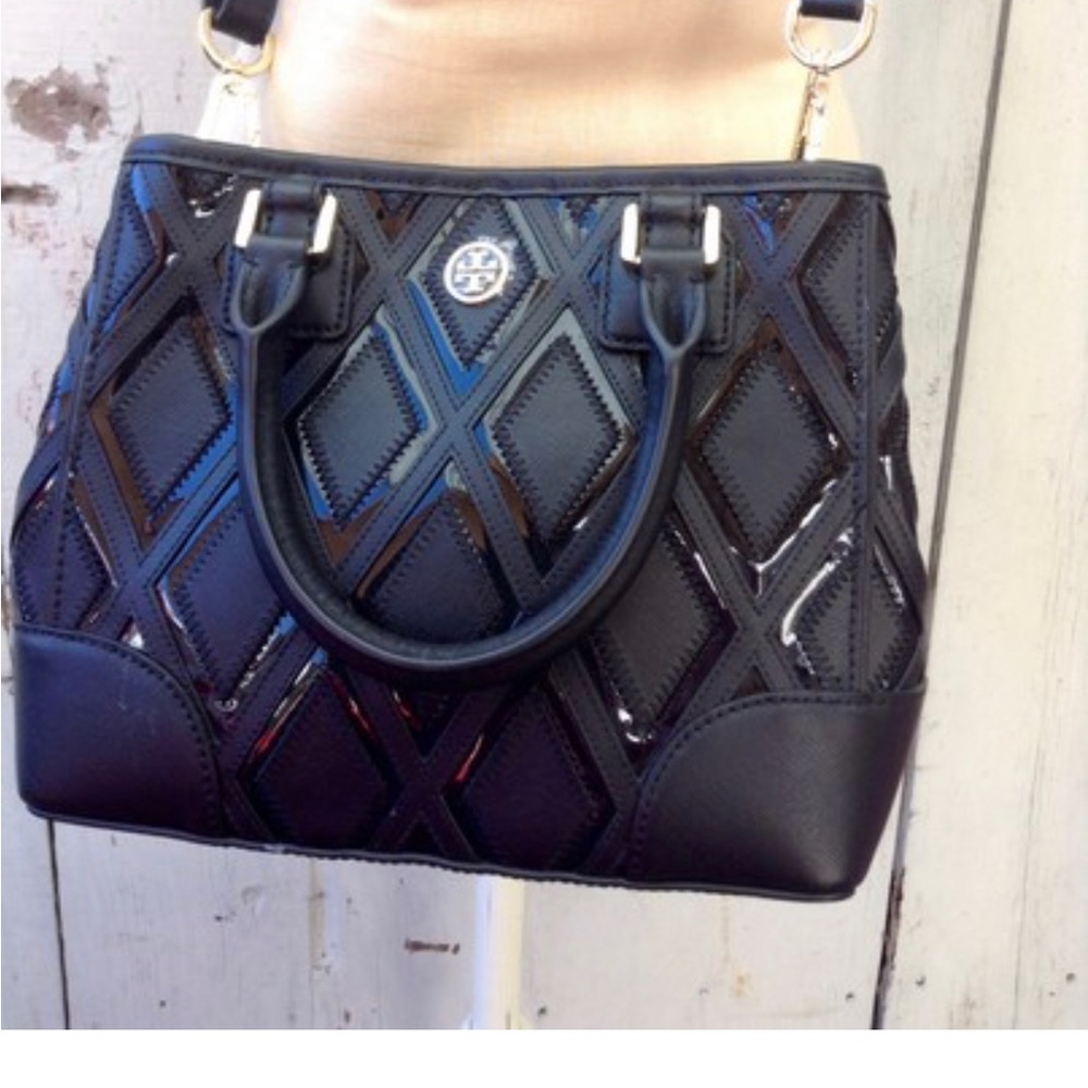 Tory Burch Patchwork mini square tote black saffiano / patent leather crossbody.